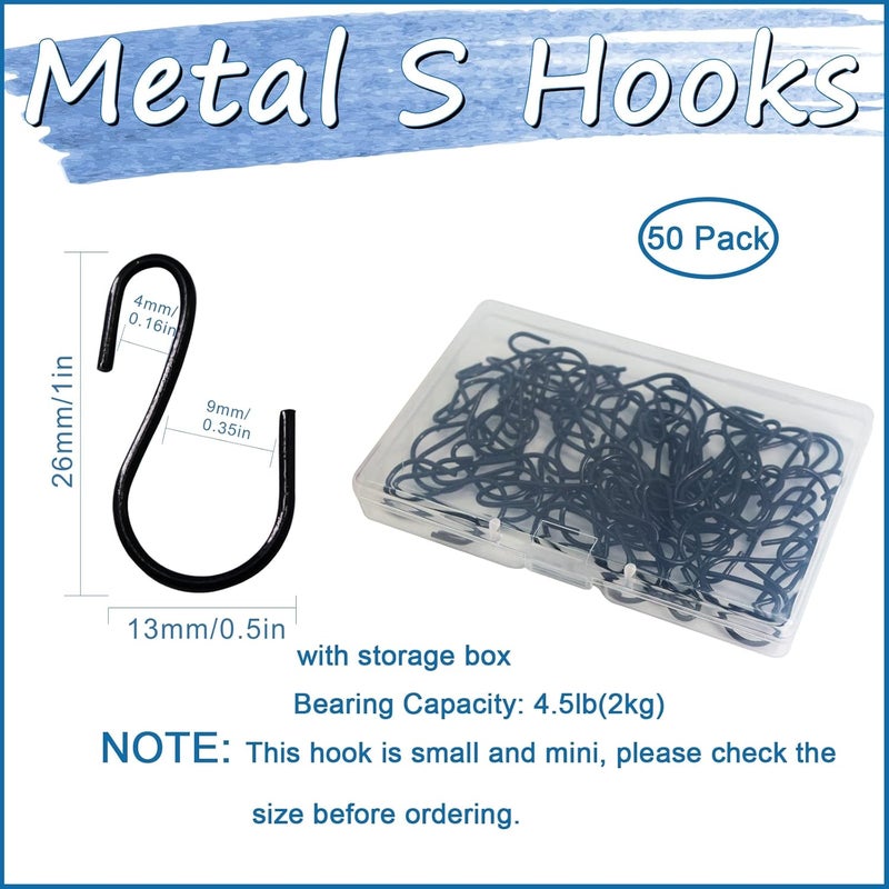 Beaneed Mini S Hooks for Hanging 50 Pack, 1 Inch Small S Hooks Black – Rustproof Metal S Shaped Hook for Plants, Jewelry, Keys (No Drill & Storage Box) - Image 2